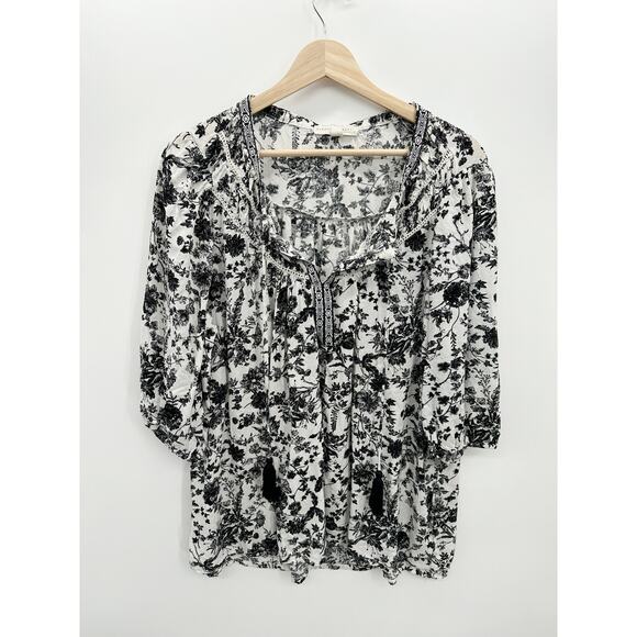 Farmers Market Blouse Women 2X Black White Floral 3/4 Sleeve Loose Rayon Boho - Picture 1 of 7